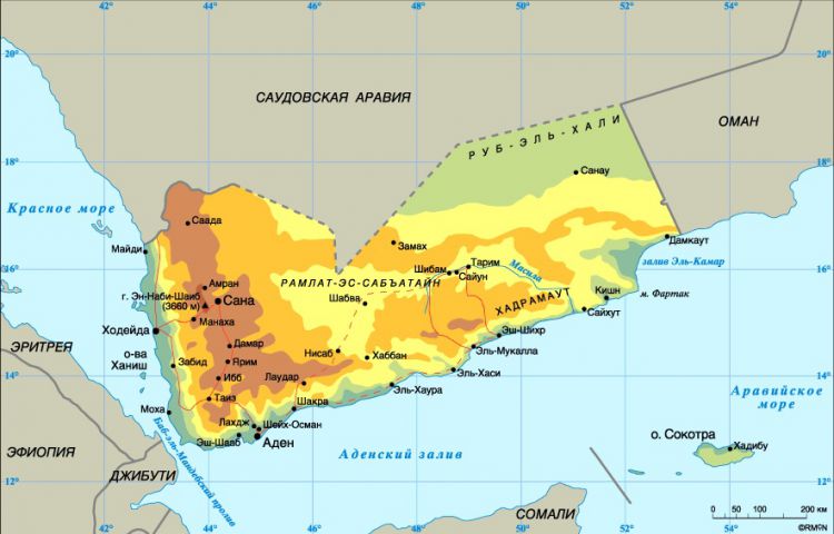 Физическая карта Йемена